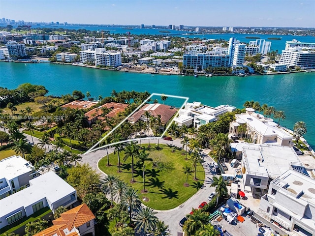 aerial view featuring a city view and a water view