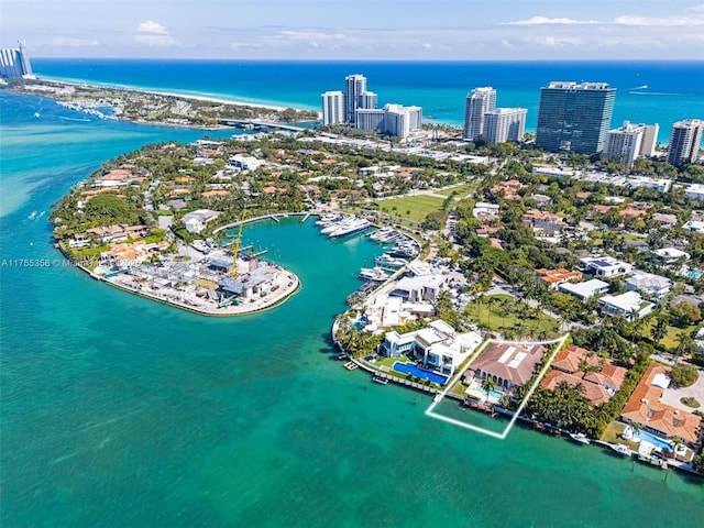 drone / aerial view featuring a water view and a city view