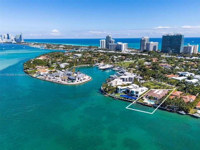 birds eye view of property featuring a view of city and a water view