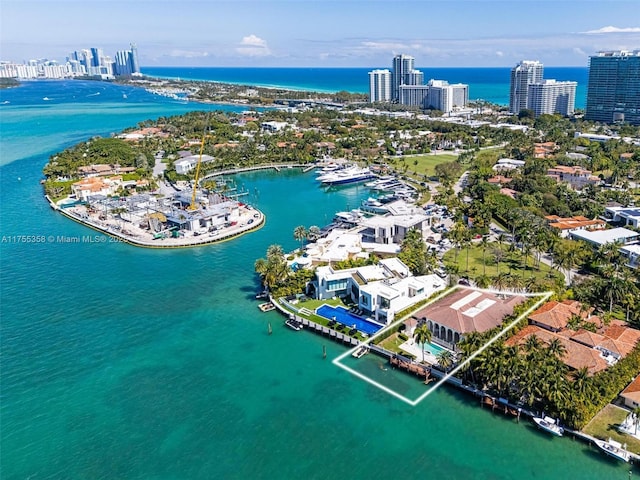 bird's eye view with a city view and a water view