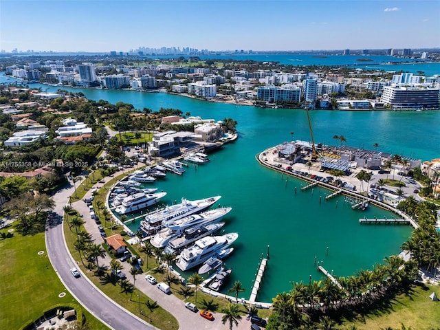 aerial view with a city view and a water view