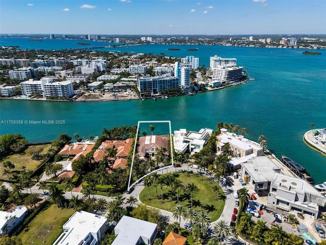 bird's eye view with a water view and a view of city