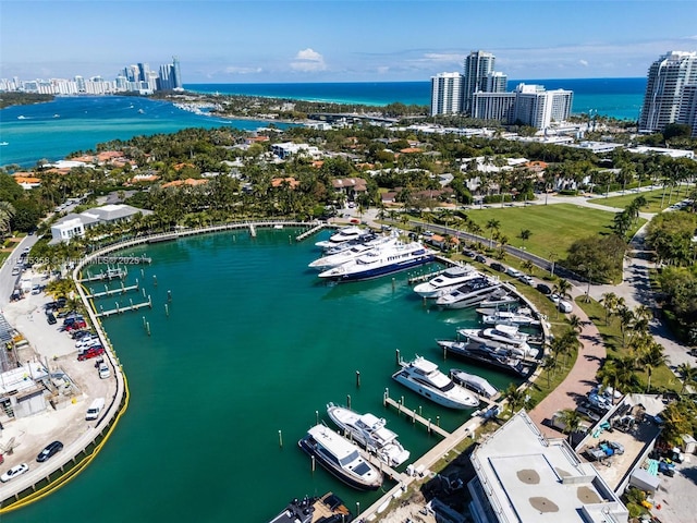 aerial view with a view of city and a water view