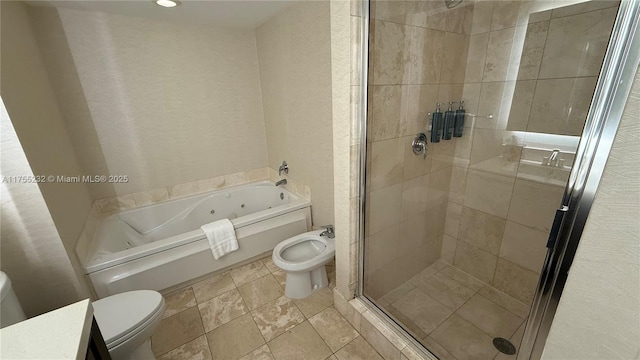 full bath with a textured wall, a jetted tub, a shower stall, and toilet