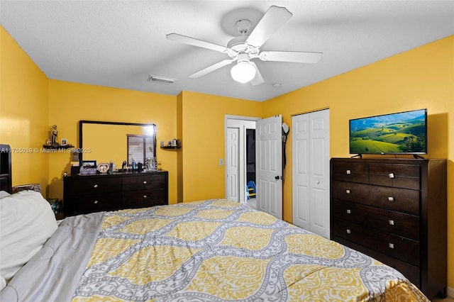 bedroom featuring a textured ceiling, visible vents, and a ceiling fan