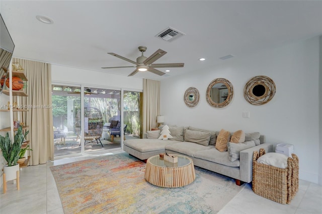 living area with ceiling fan, light tile patterned floors, visible vents, and recessed lighting