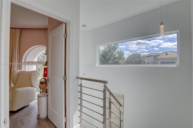 corridor with a wealth of natural light and wood finished floors