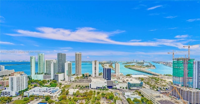 bird's eye view with a water view and a view of city