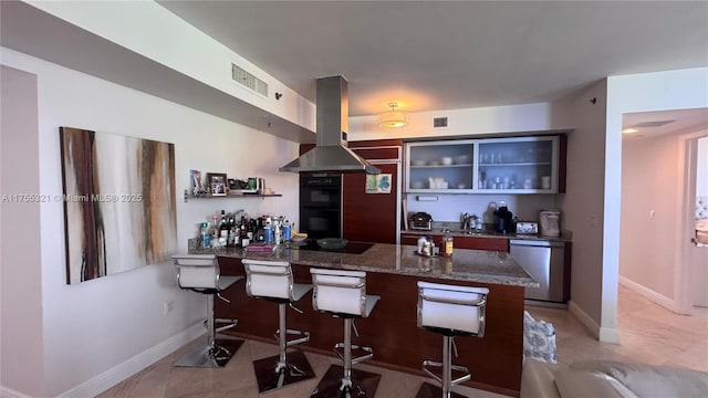 1800 S Ocean Dr Unit 1510, Hallandale Beach, FL 33009 - bar area featuring stainless steel dishwasher, island range hood, light tile patterned floors, and baseboards