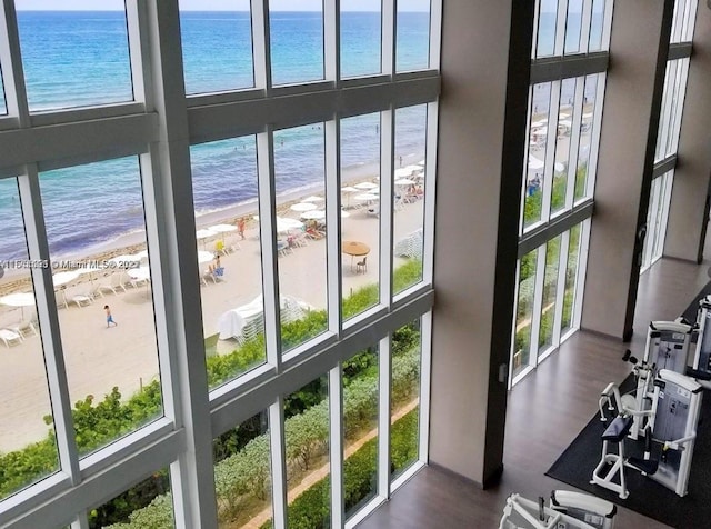 interior space with a beach view, a wealth of natural light, a water view, and a towering ceiling