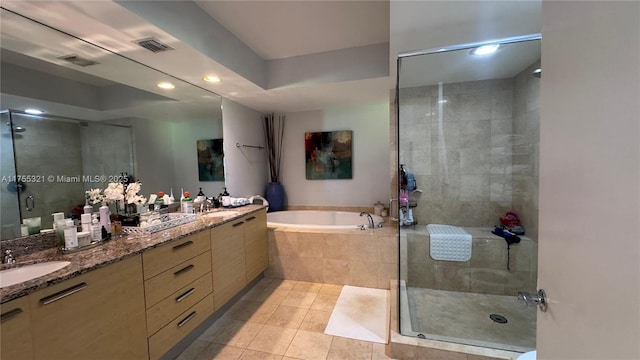 1800 S Ocean Dr Unit 1510, Hallandale Beach, FL 33009 - full bath with a shower stall, tile patterned flooring, a garden tub, double vanity, and recessed lighting