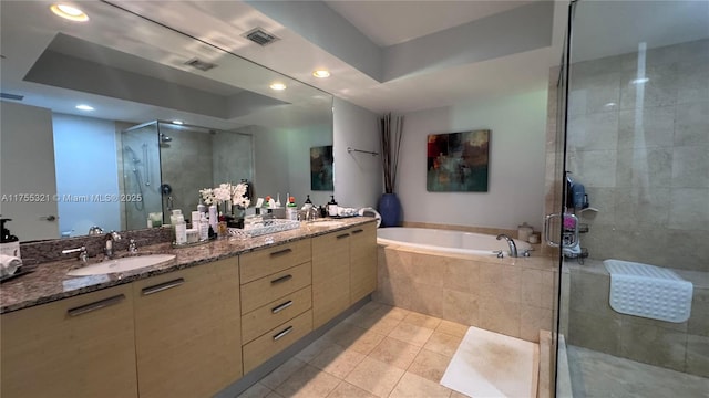 1800 S Ocean Dr Unit 1510, Hallandale Beach, FL 33009 - bathroom with a shower stall, tile patterned flooring, a garden tub, double vanity, and a tray ceiling