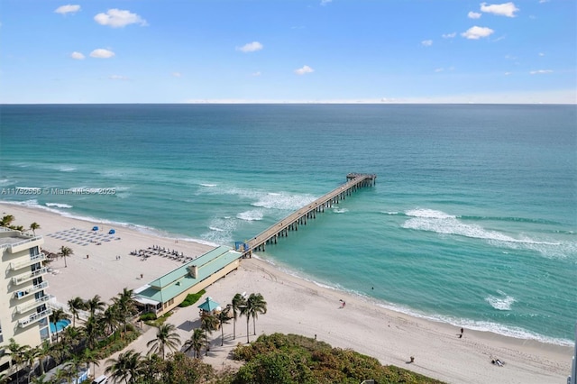 drone / aerial view featuring a water view and a view of the beach