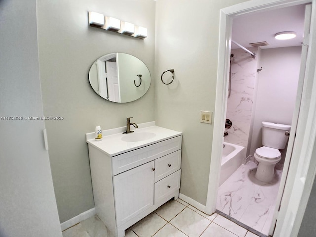 bathroom featuring  shower combination, baseboards, vanity, and toilet