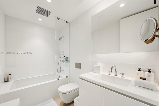 full bathroom featuring shower / tub combination, toilet, recessed lighting, visible vents, and vanity