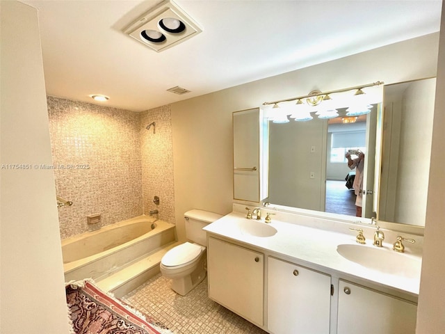 full bath featuring tile patterned flooring, toilet, a sink, visible vents, and double vanity