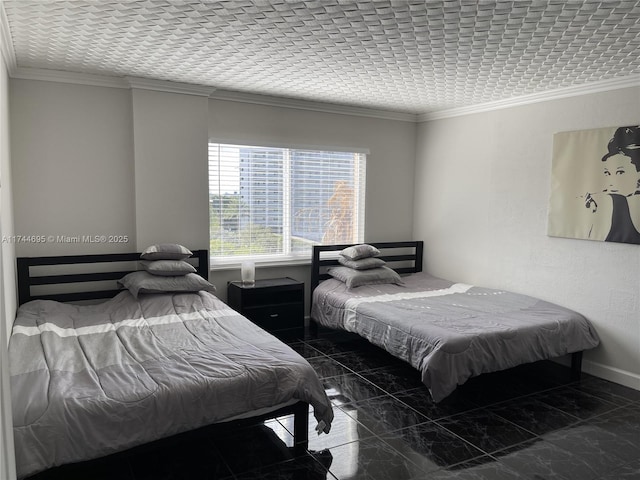 bedroom with marble finish floor, baseboards, and ornamental molding