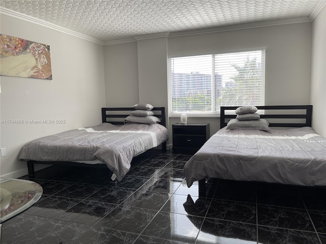 bedroom with marble finish floor and crown molding