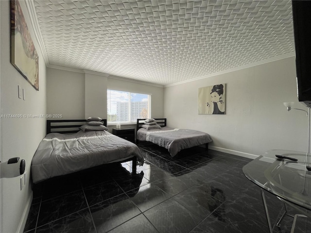 bedroom featuring baseboards, marble finish floor, and crown molding