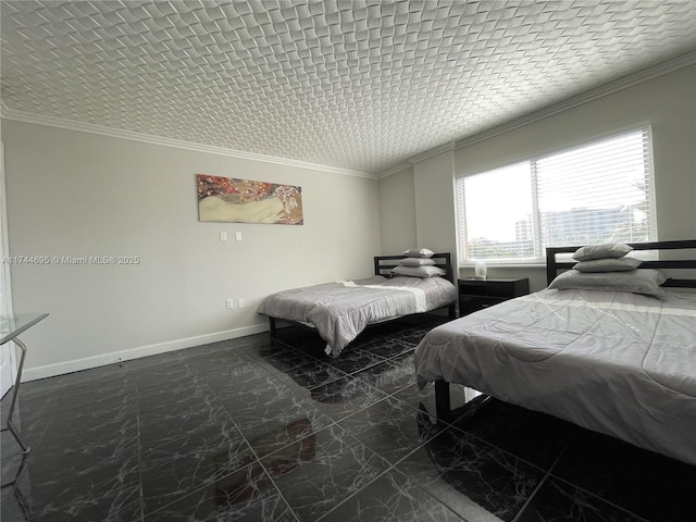 bedroom with marble finish floor, baseboards, and crown molding