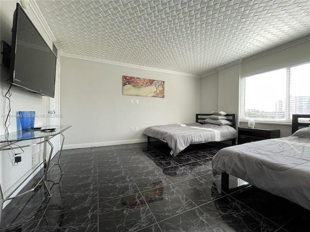 bedroom with baseboards, marble finish floor, and crown molding