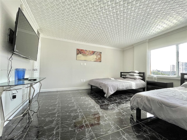 bedroom with baseboards, marble finish floor, and crown molding