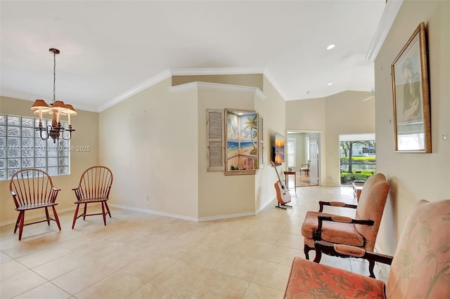 sitting room featuring light tile patterned floors, lofted ceiling, an inviting chandelier, ornamental molding, and baseboards