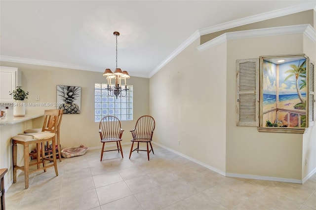 dining space with light tile patterned floors, crown molding, baseboards, and a notable chandelier