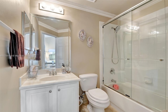 full bath featuring ornamental molding, shower / bath combination with glass door, vanity, and toilet