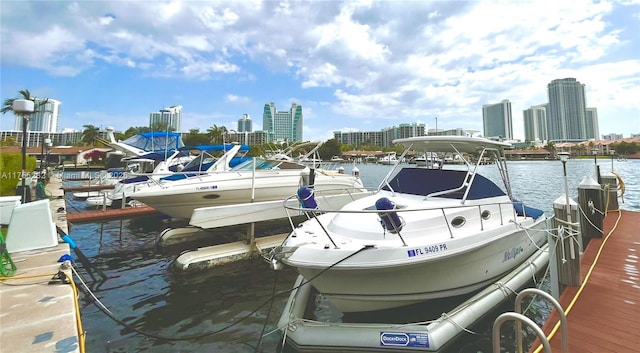 view of dock with a water view and a city view