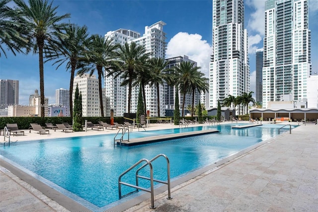 community pool featuring a view of city and a patio area