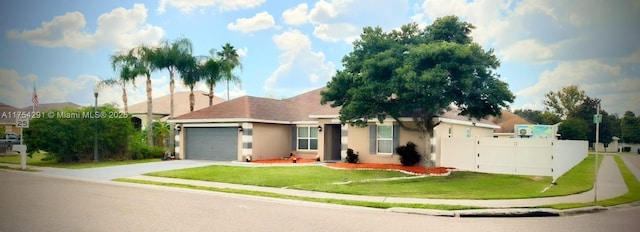 ranch-style home featuring a garage, stucco siding, fence, a front lawn, and concrete driveway