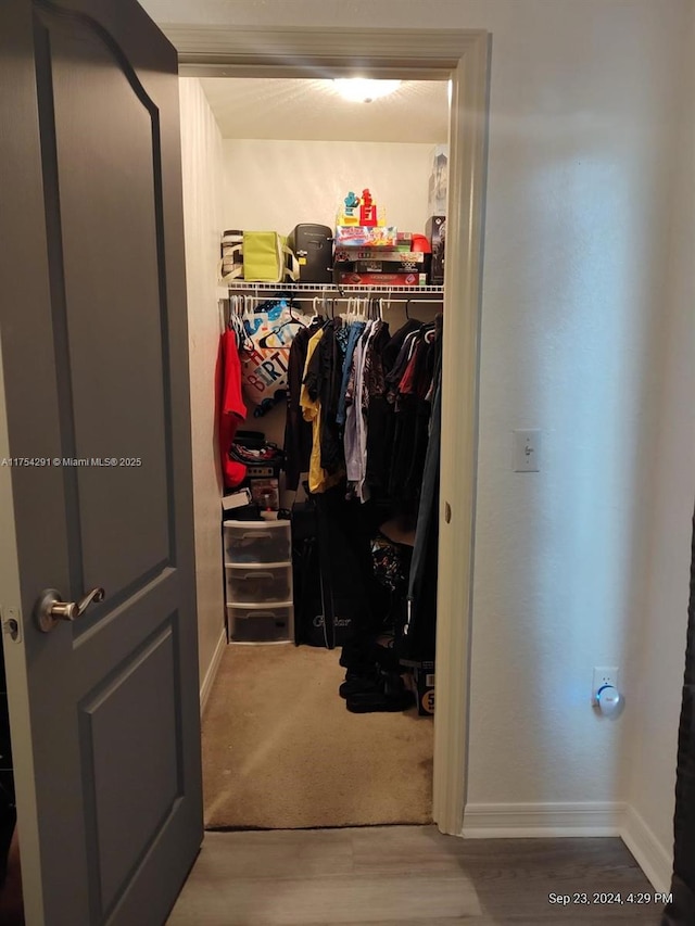 walk in closet with wood finished floors