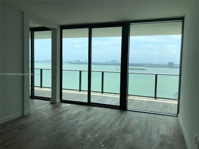 interior space featuring a wall of windows, a healthy amount of sunlight, a water view, and wood finished floors