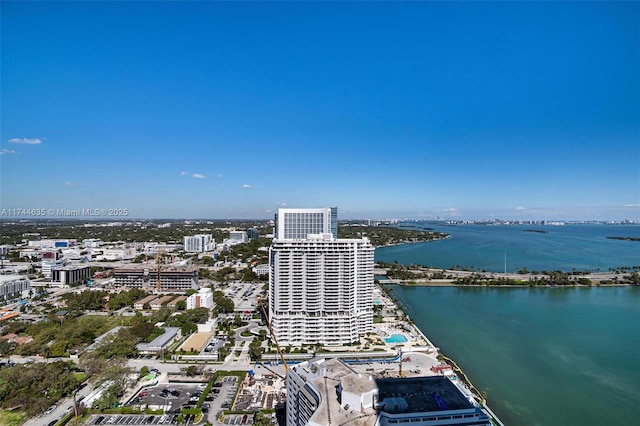 drone / aerial view with a water view and a view of city