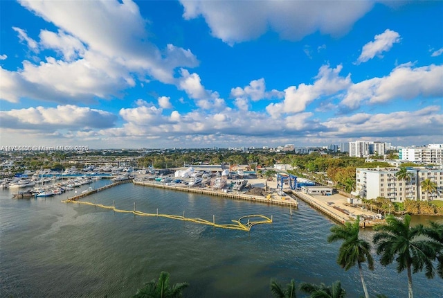 aerial view featuring a view of city and a water view