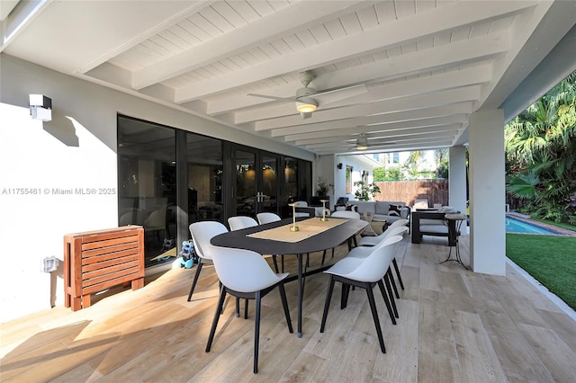 view of patio featuring a fenced in pool, a ceiling fan, outdoor dining space, fence, and an outdoor living space