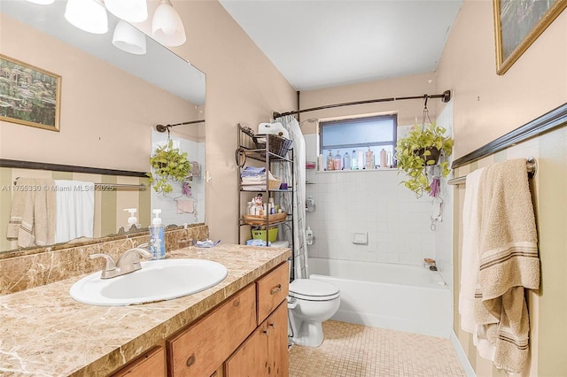 full bath featuring shower / bath combination with curtain, tile patterned flooring, vanity, and toilet