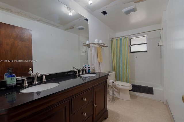 full bath featuring shower / bath combo, a sink, toilet, and double vanity