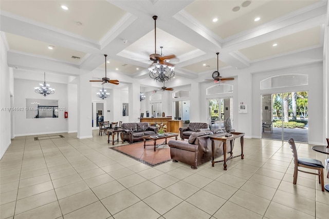 living area featuring beam ceiling, light tile patterned flooring, and a high ceiling