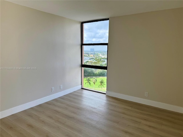 empty room with light wood-style floors, expansive windows, and baseboards