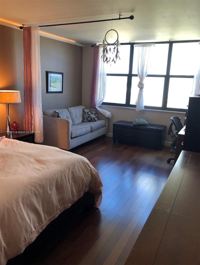 bedroom featuring multiple windows and dark wood-style flooring