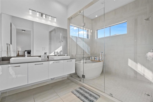 full bath featuring double vanity, a stall shower, and a sink