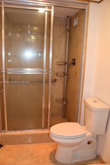 bathroom with a stall shower and toilet