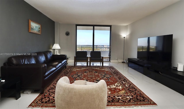 living room with marble finish floor and expansive windows