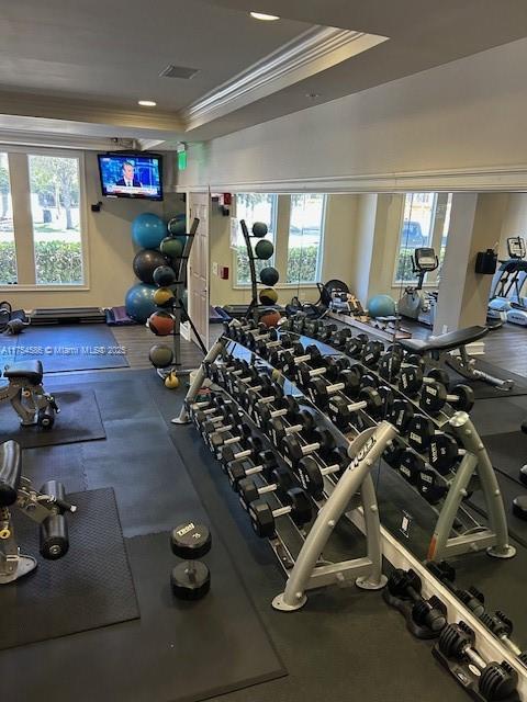 exercise room featuring ornamental molding and a raised ceiling