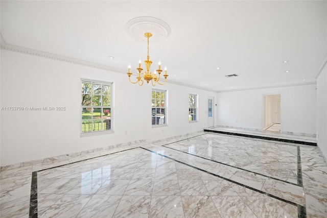 empty room with visible vents, ornamental molding, marble finish floor, a notable chandelier, and recessed lighting