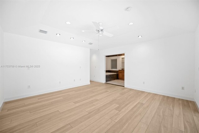 unfurnished room with ceiling fan, light wood-style flooring, recessed lighting, visible vents, and baseboards