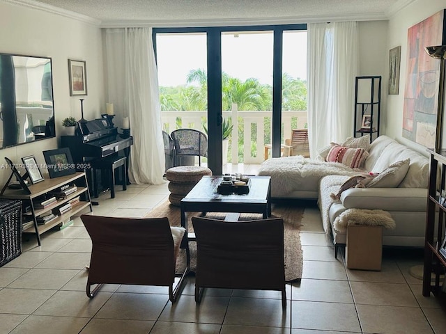 1121 Crandon Blvd Unit D404, Key Biscayne, FL 33149 - living area featuring tile patterned flooring, a textured ceiling, and ornamental molding