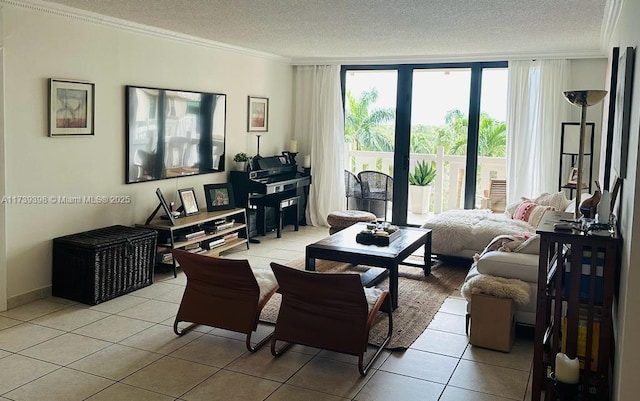 1121 Crandon Blvd Unit D404, Key Biscayne, FL 33149 - living area with crown molding, light tile patterned floors, and a textured ceiling